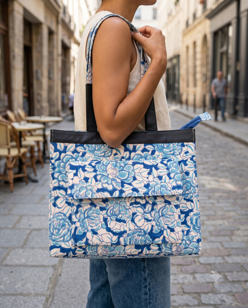 Hand block-printed blue and cream floral cotton tote bag, made in Jaipur