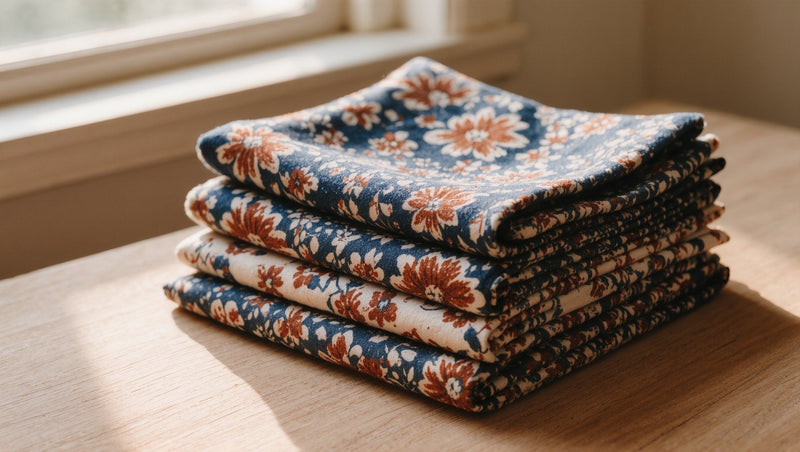 Folded stack of hand block-printed indigo and madder cotton textiles