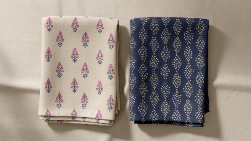 Hand block-printed Sanganer floral cotton beside indigo Bagru daboo cotton