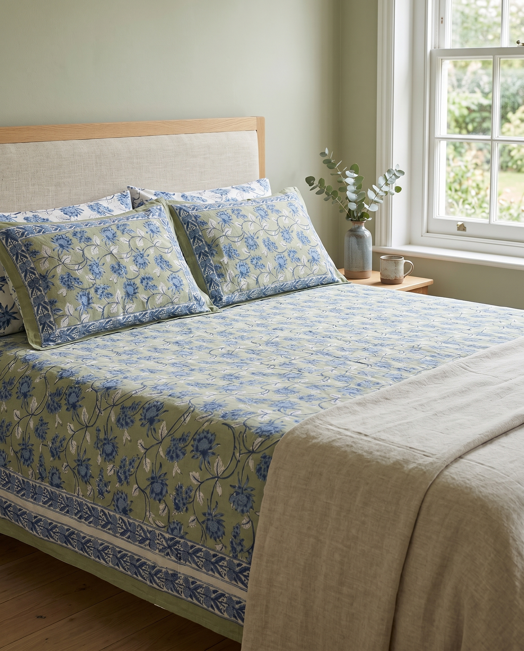 Sage & Blue Floral Hand Block Print Cotton Bedspread – Meadow