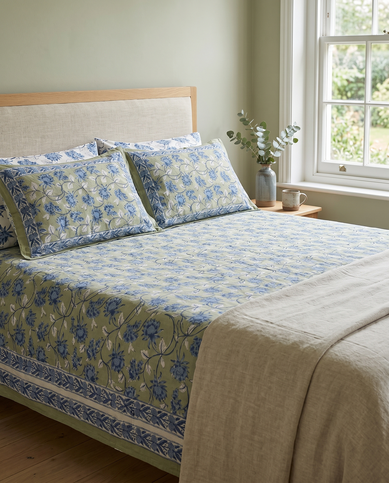 Sage & Blue Floral Hand Block Print Cotton Bedspread – Meadow