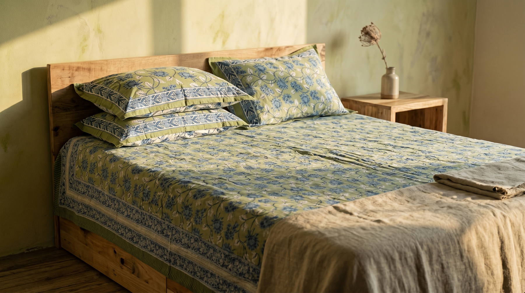 Sage & Blue Floral Hand Block Print Cotton Bedspread – Meadow