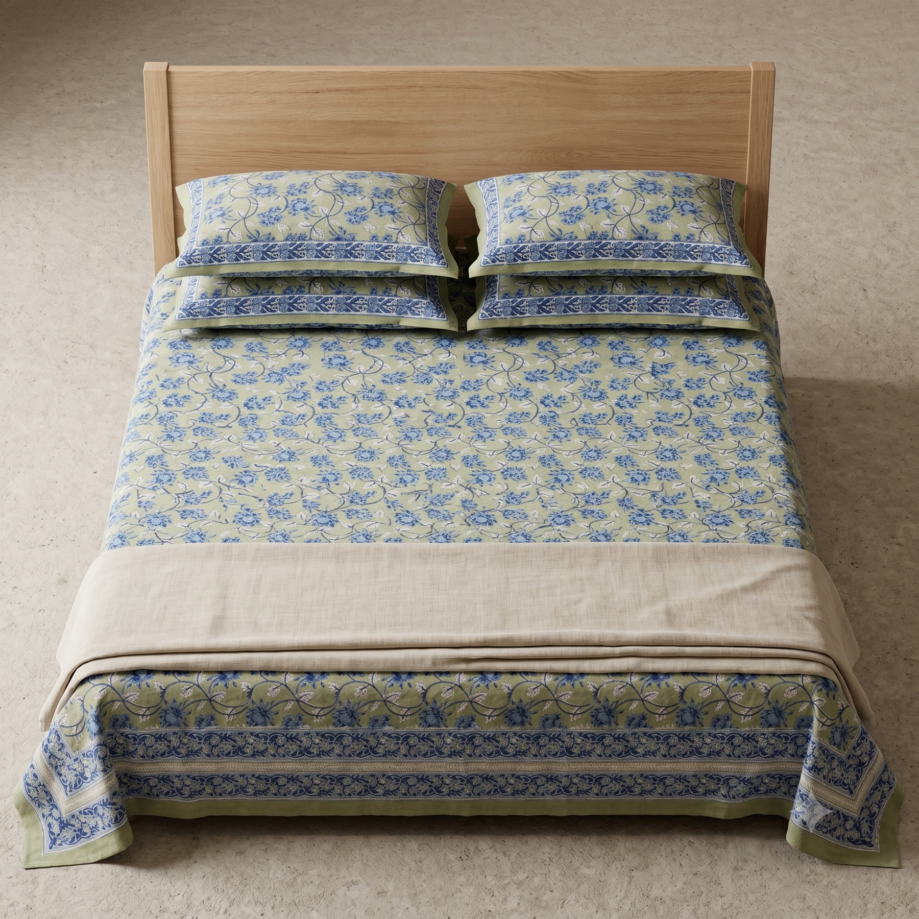 Sage & Blue Floral Hand Block Print Cotton Bedspread – Meadow