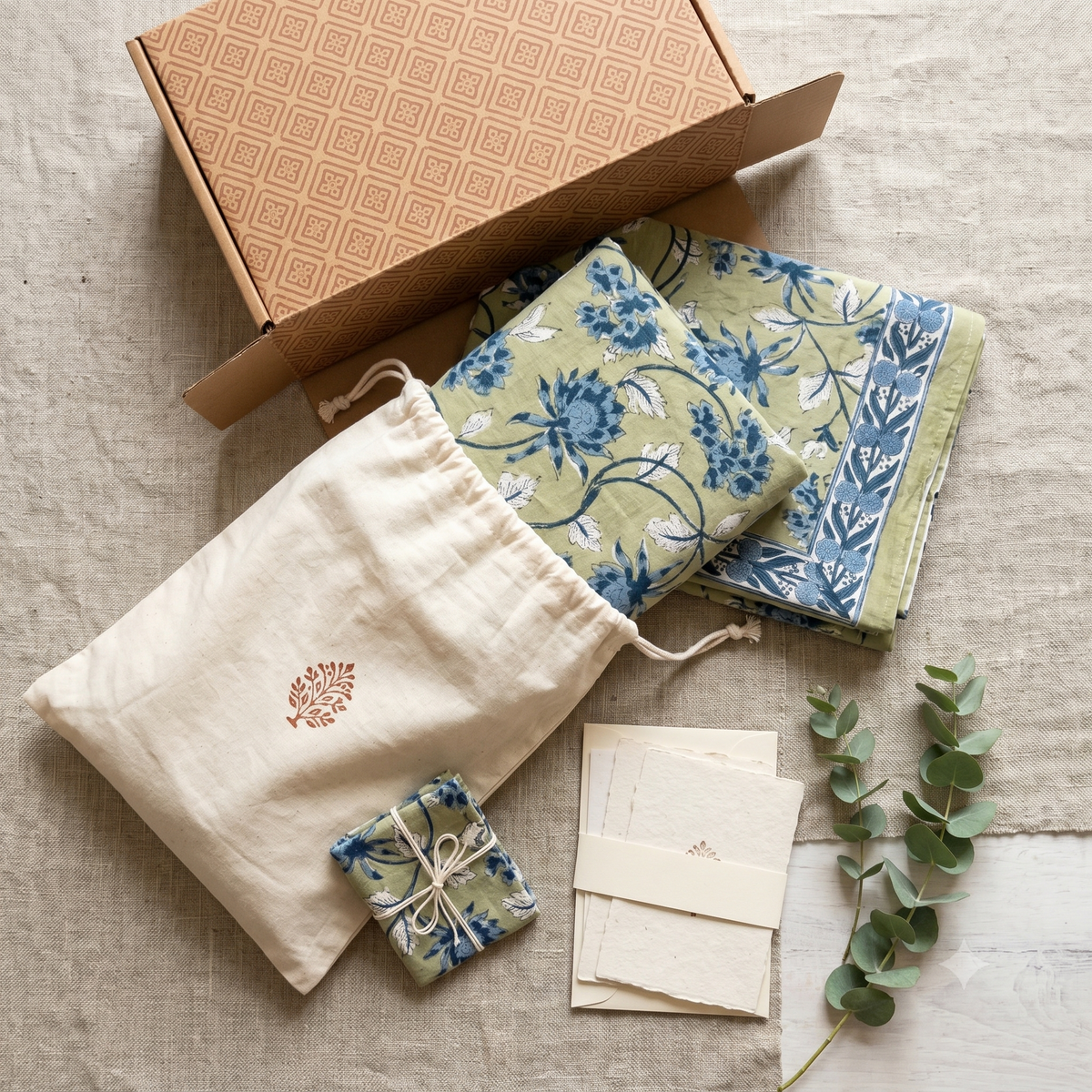 Sage & Blue Floral Hand Block Print Cotton Bedspread – Meadow