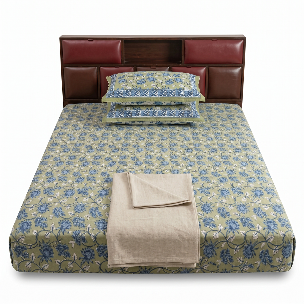 Sage & Blue Floral Hand Block Print Cotton Bedspread – Meadow