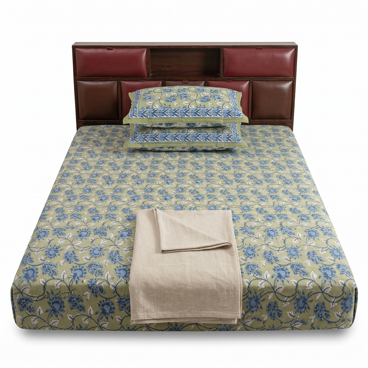 Sage & Blue Floral Hand Block Print Cotton Bedspread – Meadow