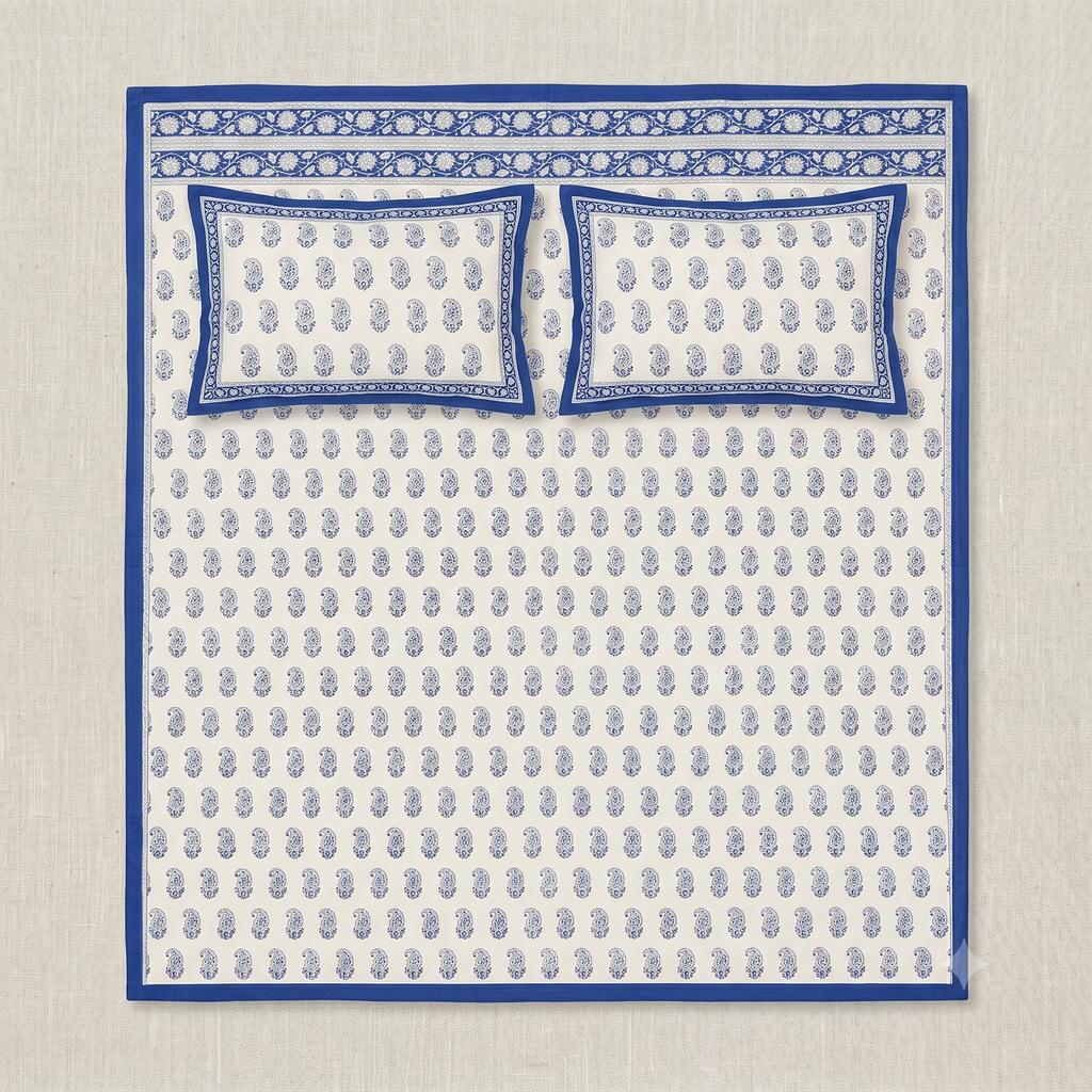 Blue & White Paisley Hand Block Print Cotton Bedspread – Cobalt