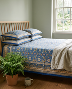 Slate Blue Mughal Floral Hand Block Print Cotton Bedspread – Twilight