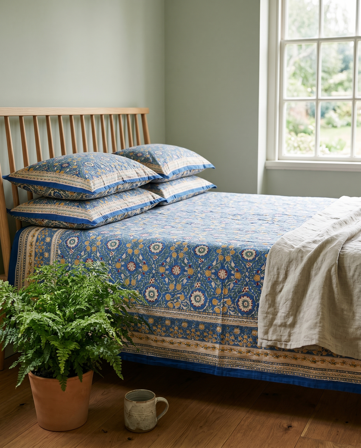 Slate Blue Mughal Floral Hand Block Print Cotton Bedspread – Twilight