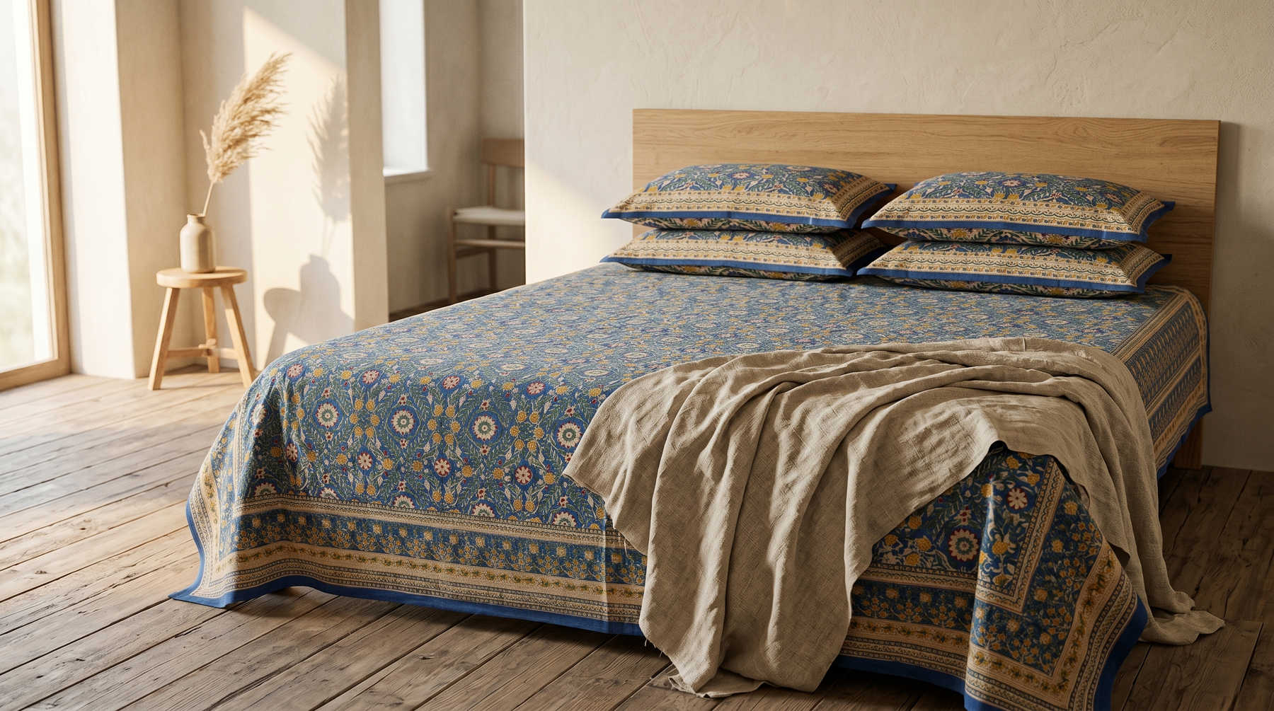 Slate Blue Mughal Floral Hand Block Print Cotton Bedspread – Twilight