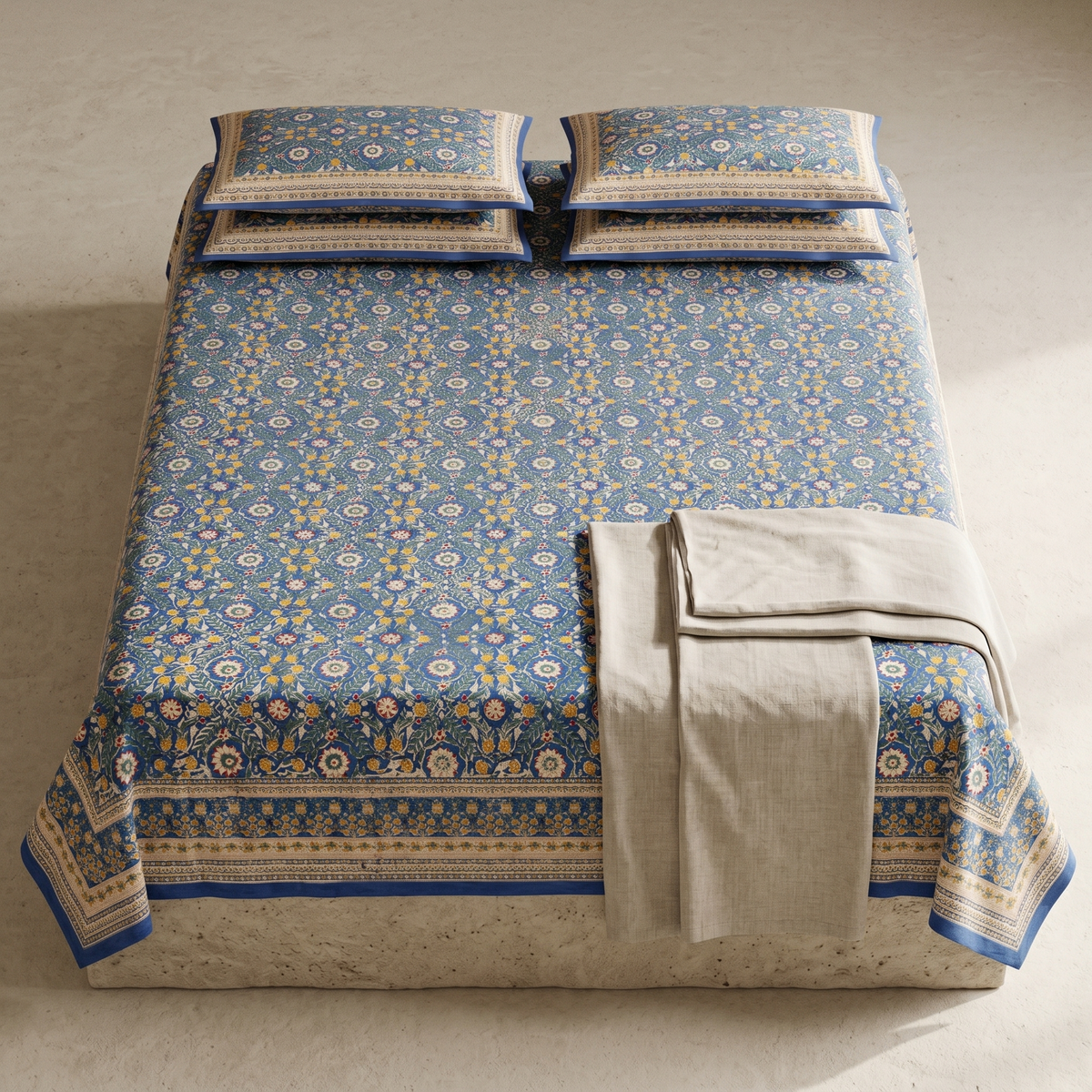 Slate Blue Mughal Floral Hand Block Print Cotton Bedspread – Twilight
