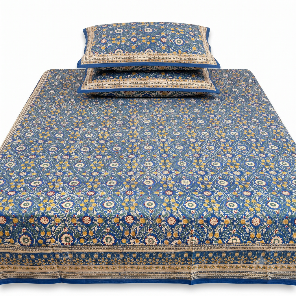 Slate Blue Mughal Floral Hand Block Print Cotton Bedspread – Twilight