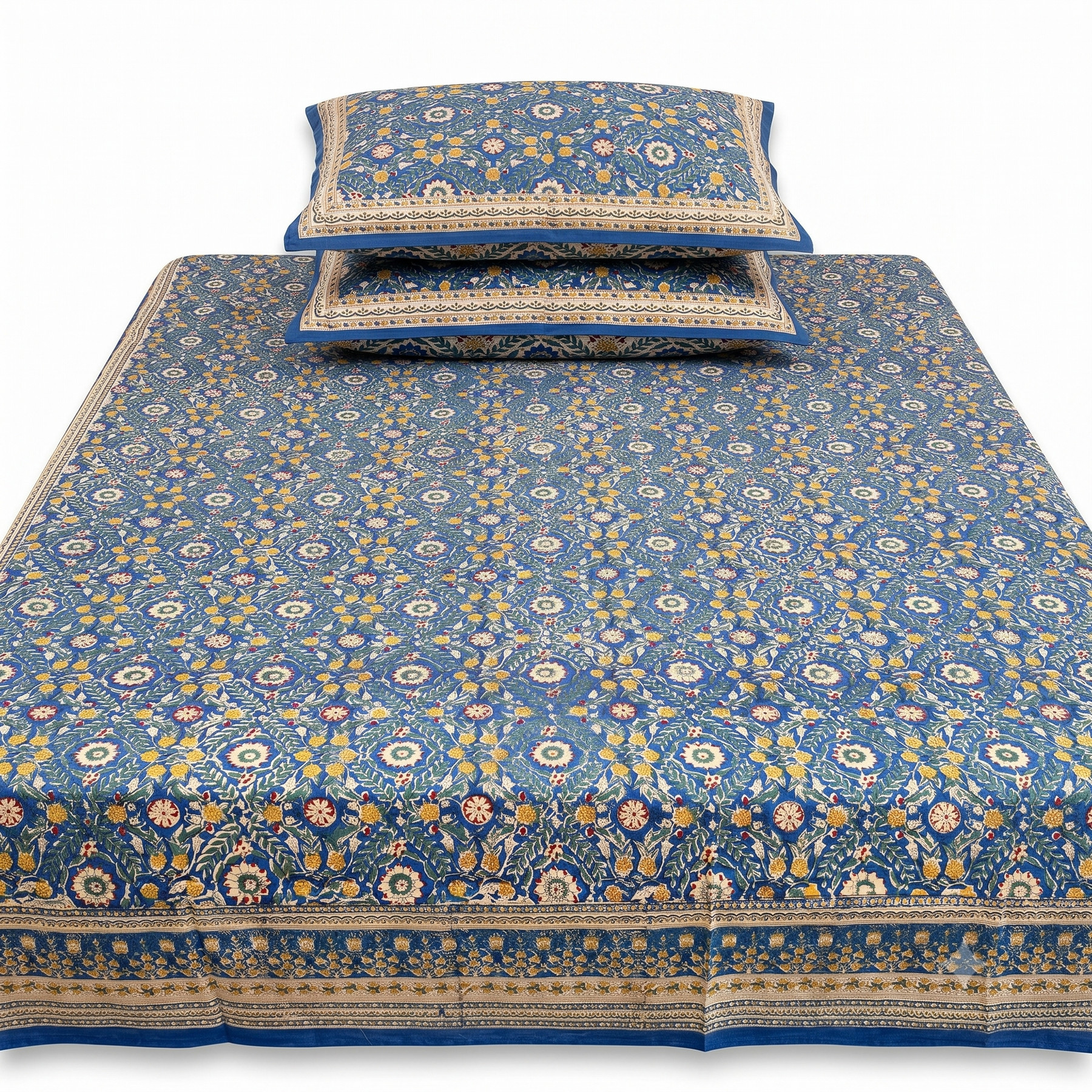 Slate Blue Mughal Floral Hand Block Print Cotton Bedspread – Twilight