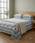 Blue & White Floral Hand Block Print Cotton Bedspread – Cornflower