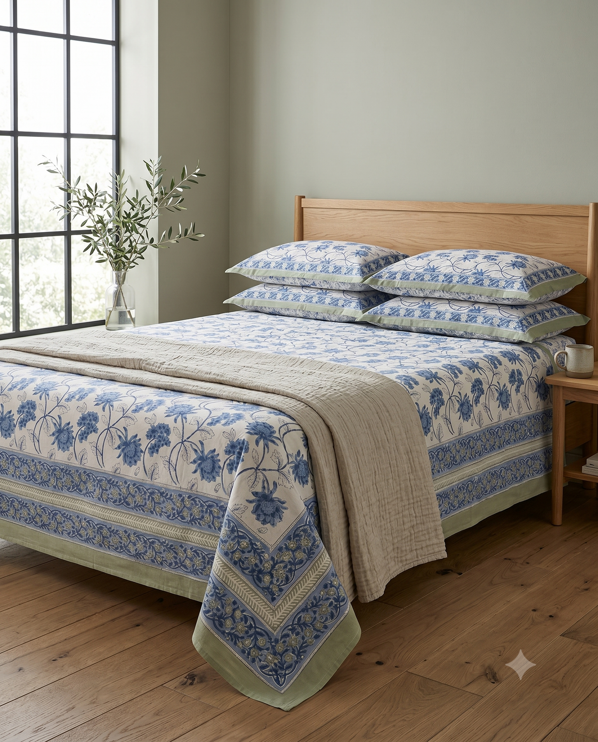 Blue & White Floral Hand Block Print Cotton Bedspread – Cornflower