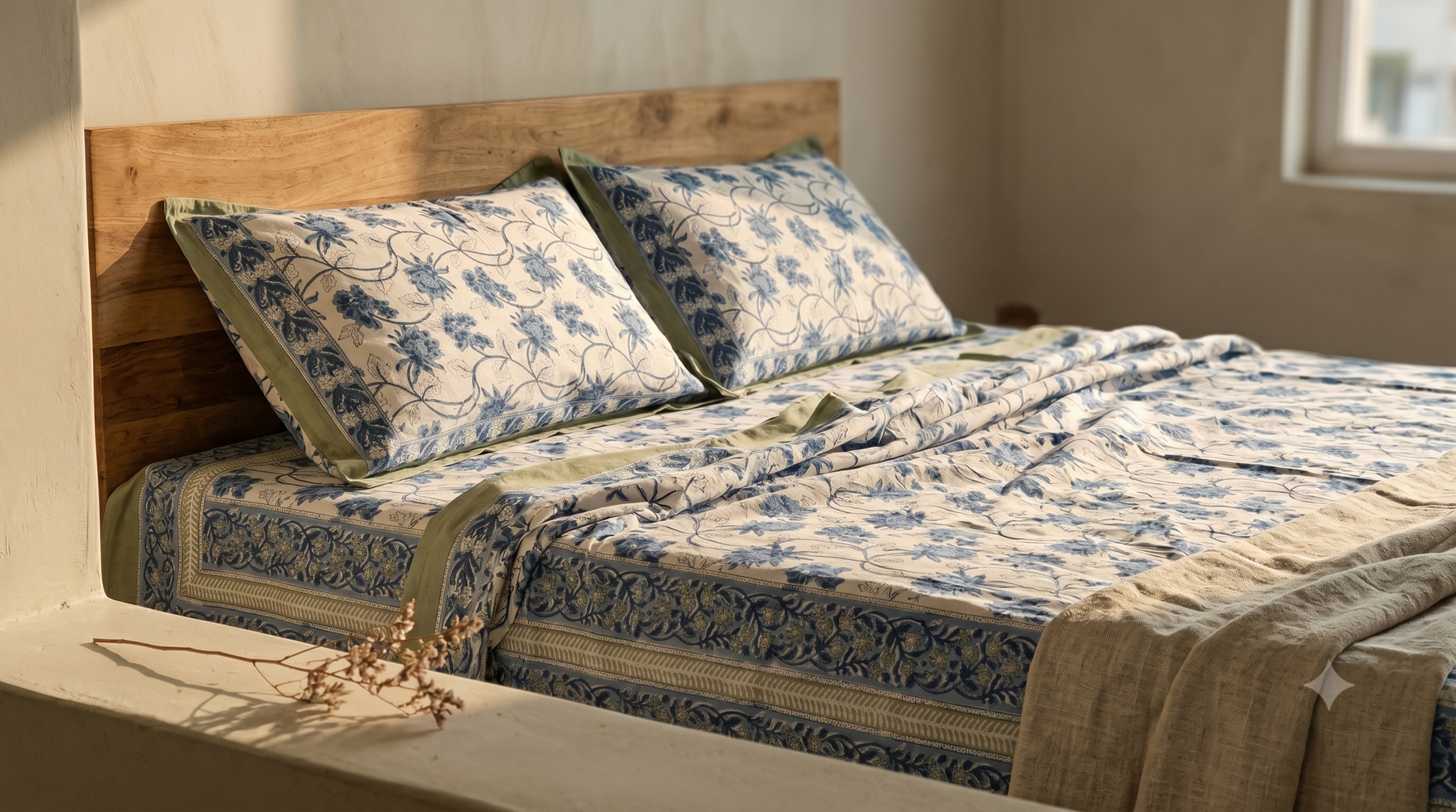 Blue & White Floral Hand Block Print Cotton Bedspread – Cornflower