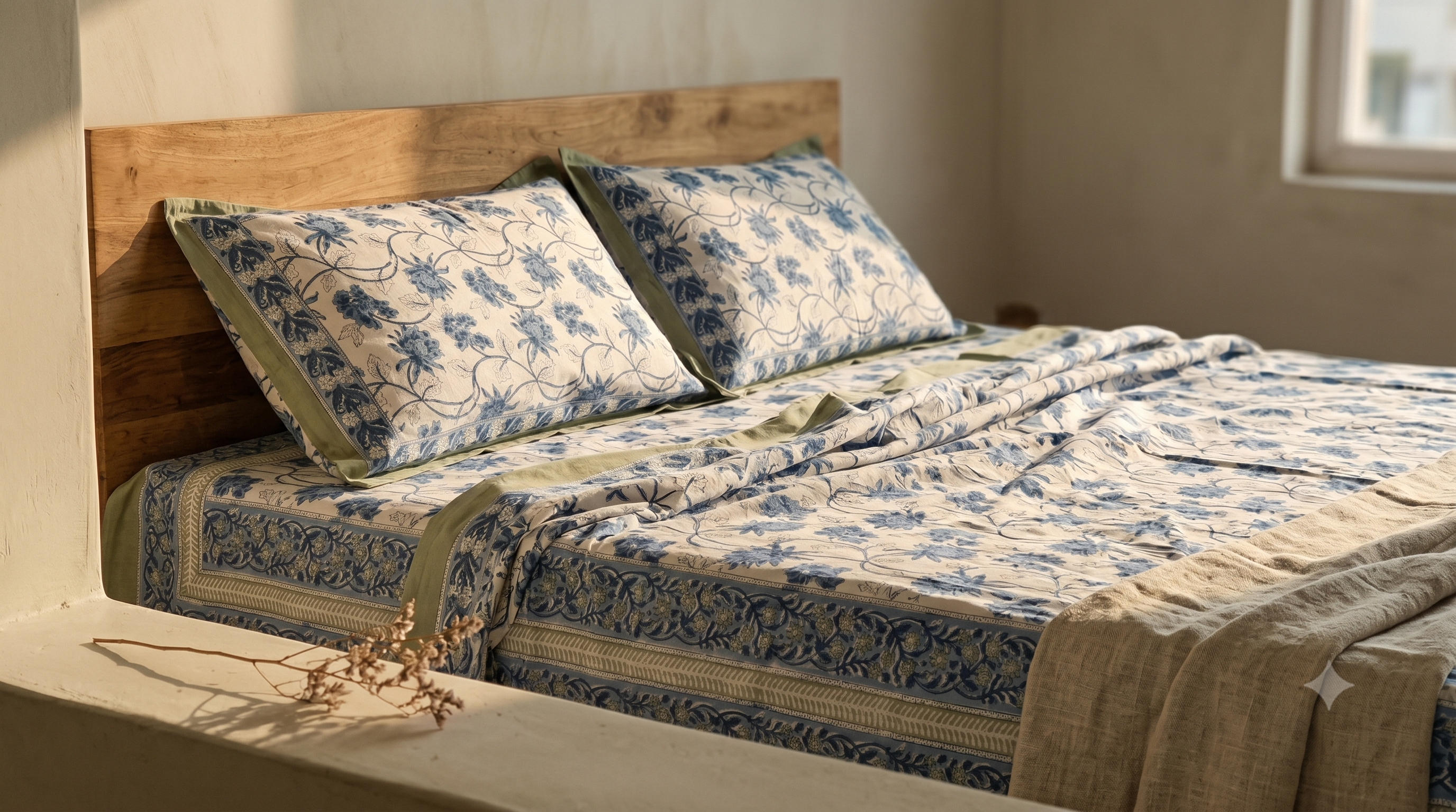 Blue & White Floral Hand Block Print Cotton Bedspread – Cornflower