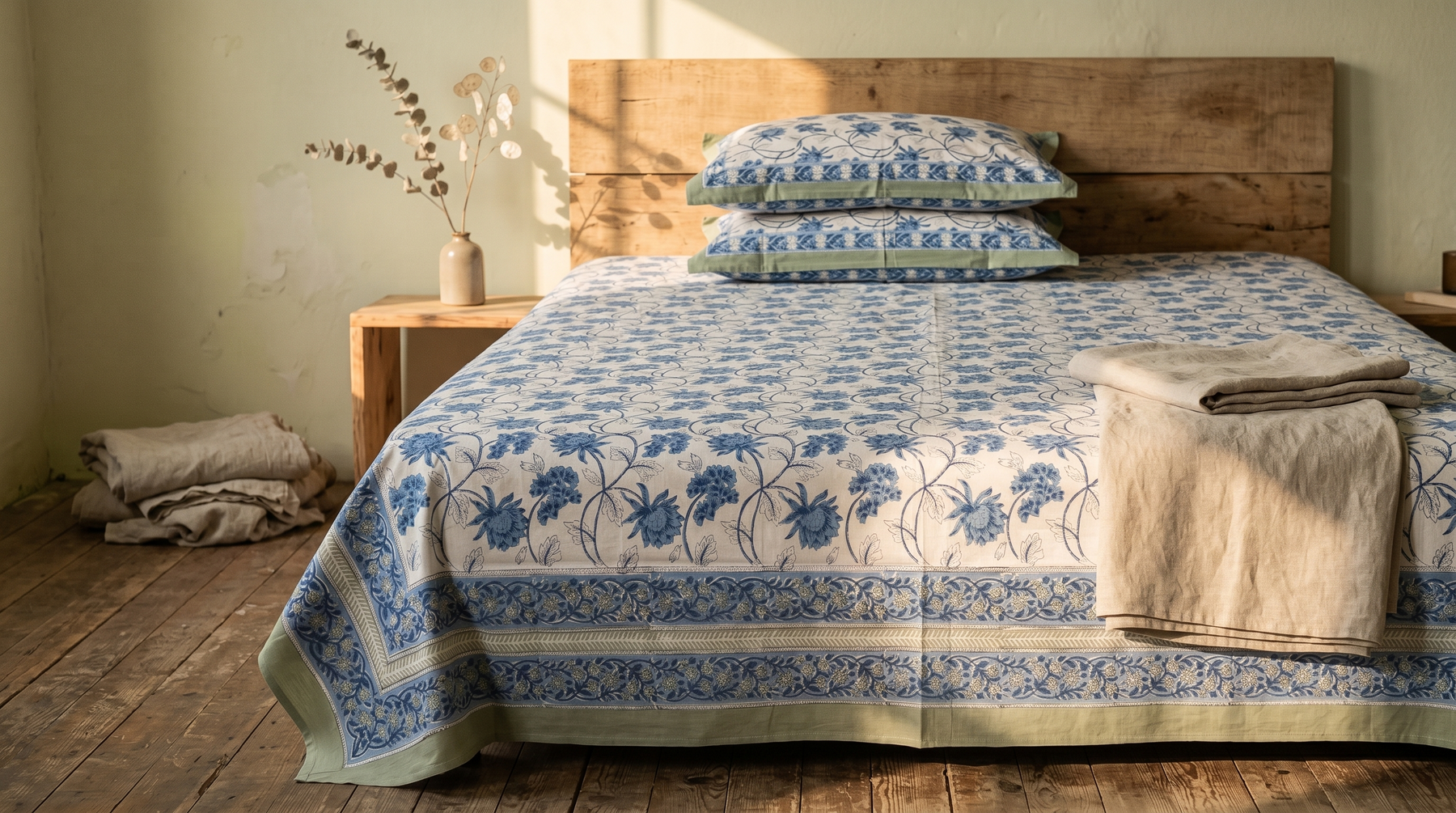 Blue & White Floral Hand Block Print Cotton Bedspread – Cornflower