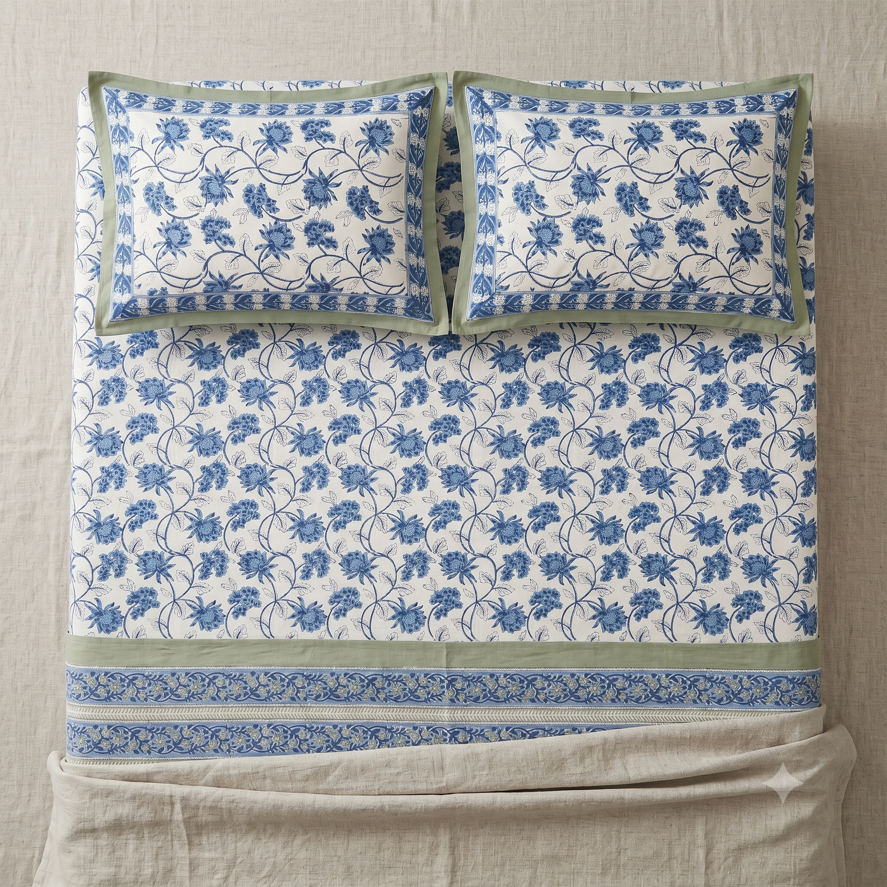Blue & White Floral Hand Block Print Cotton Bedspread – Cornflower