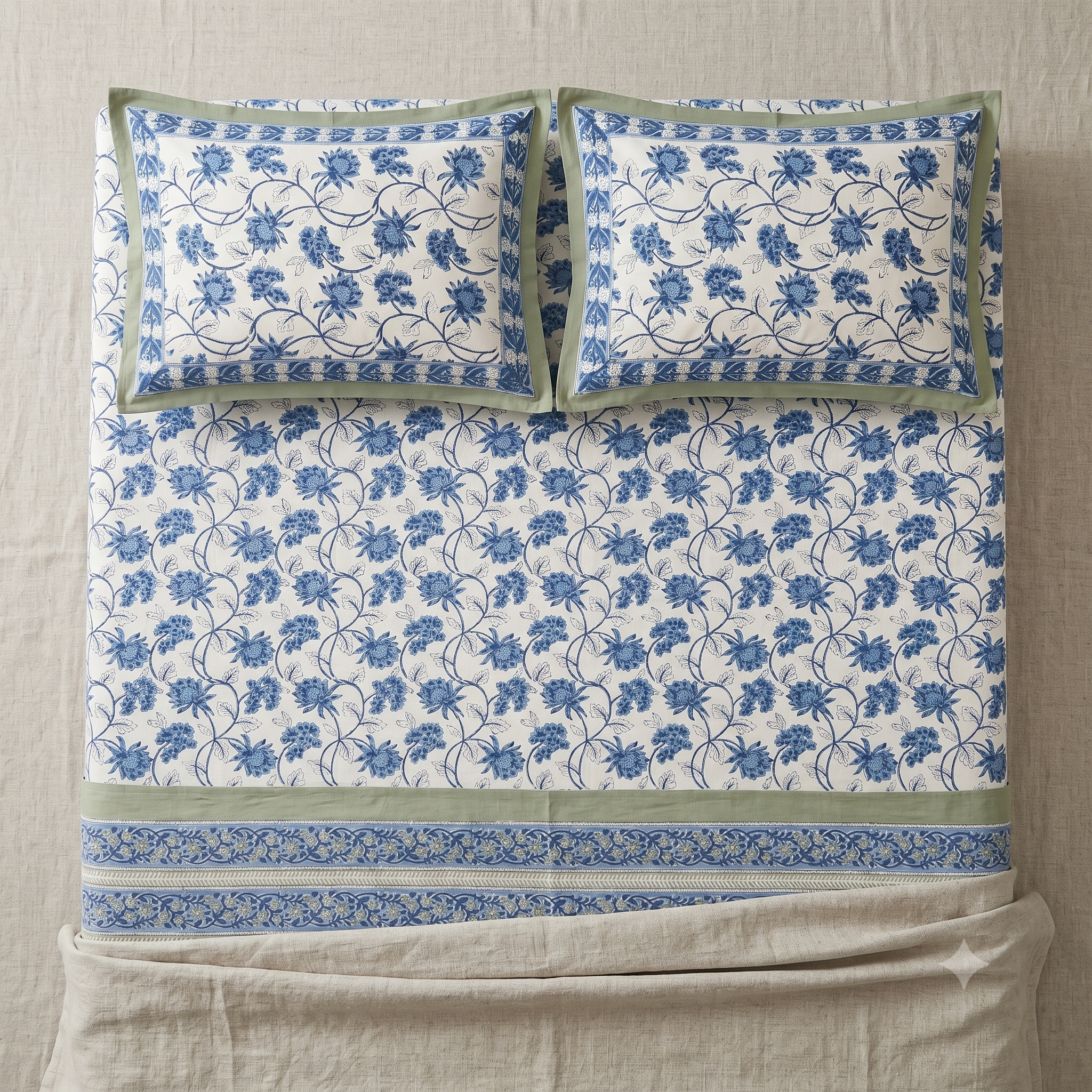 Blue & White Floral Hand Block Print Cotton Bedspread – Cornflower