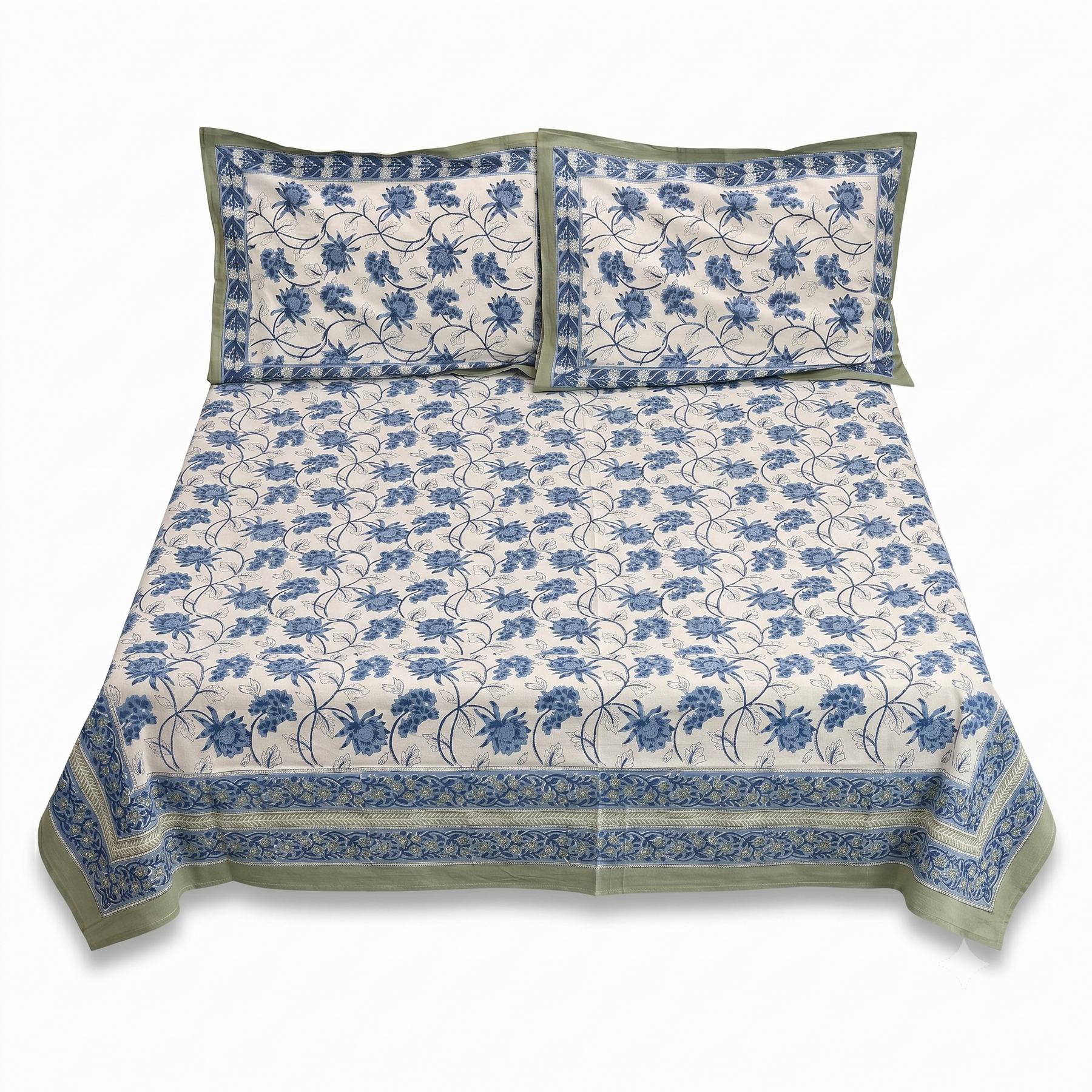 Blue & White Floral Hand Block Print Cotton Bedspread – Cornflower