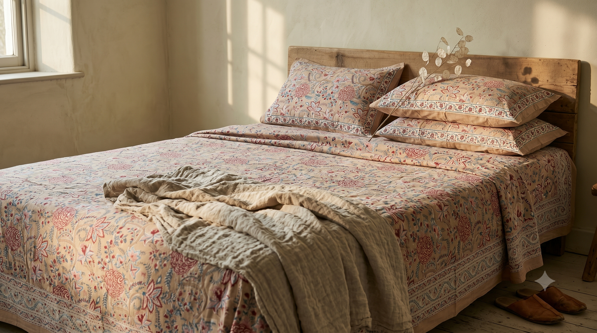 Blush Multicolour Floral Hand Block Print Cotton Bedspread – Blush