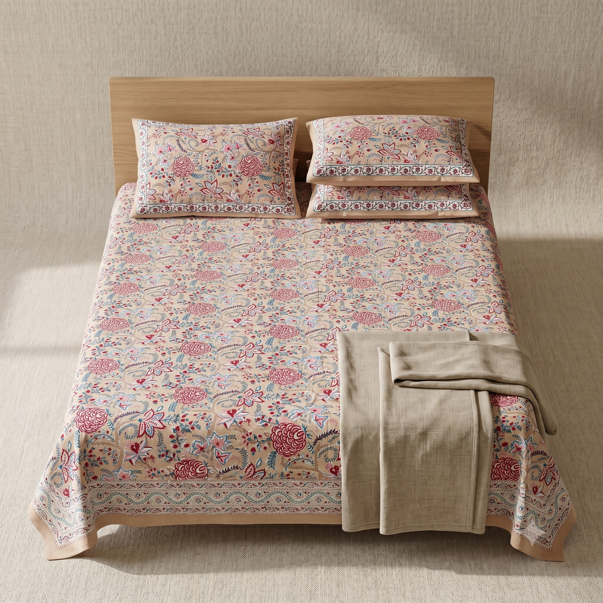 Blush Multicolour Floral Hand Block Print Cotton Bedspread – Blush