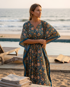 Teal & Ochre Floral Hand Block Print Cotton Kaftan – Peacock