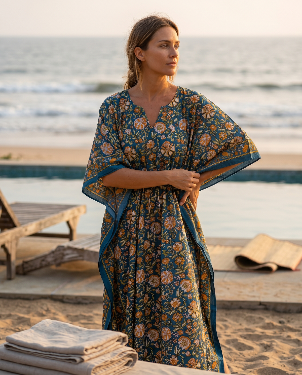 Teal & Ochre Floral Hand Block Print Cotton Kaftan – Peacock