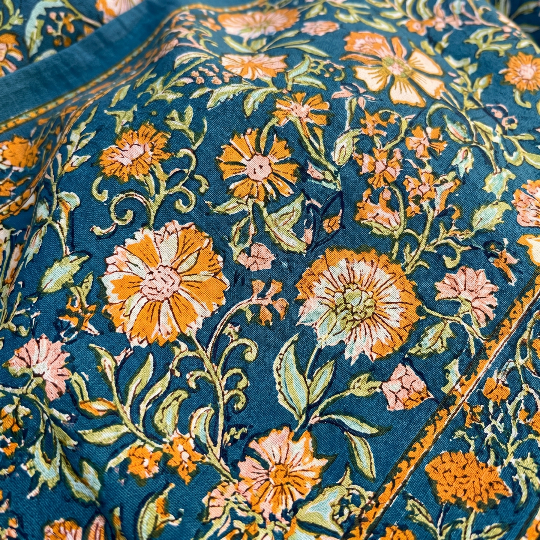 Teal & Ochre Floral Hand Block Print Cotton Kaftan – Peacock