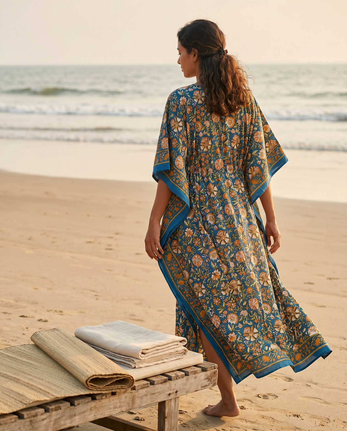 Teal & Ochre Floral Hand Block Print Cotton Kaftan – Peacock