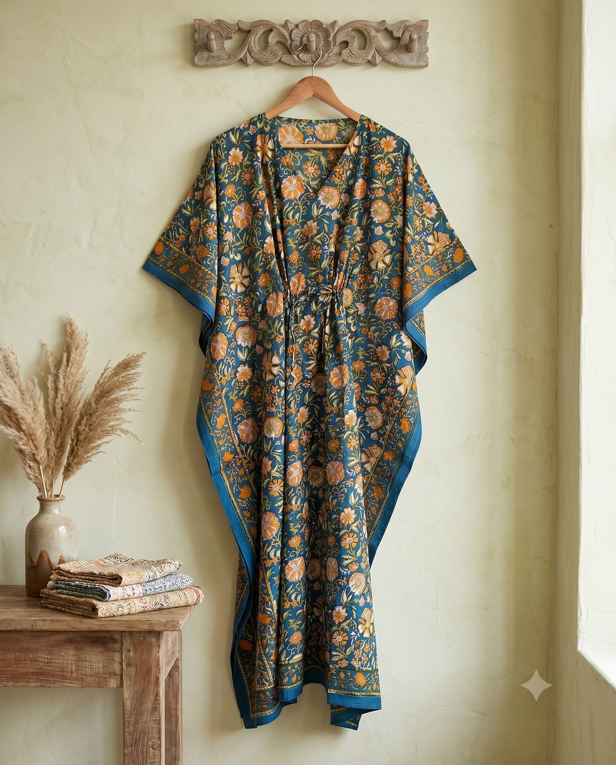 Teal & Ochre Floral Hand Block Print Cotton Kaftan – Peacock