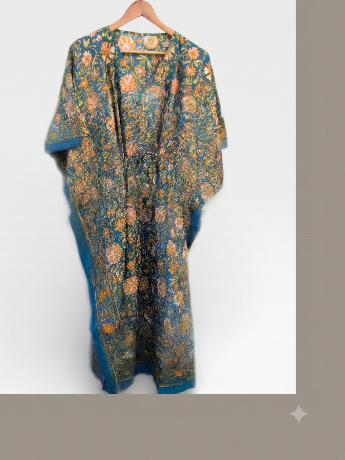 Teal & Ochre Floral Hand Block Print Cotton Kaftan – Peacock