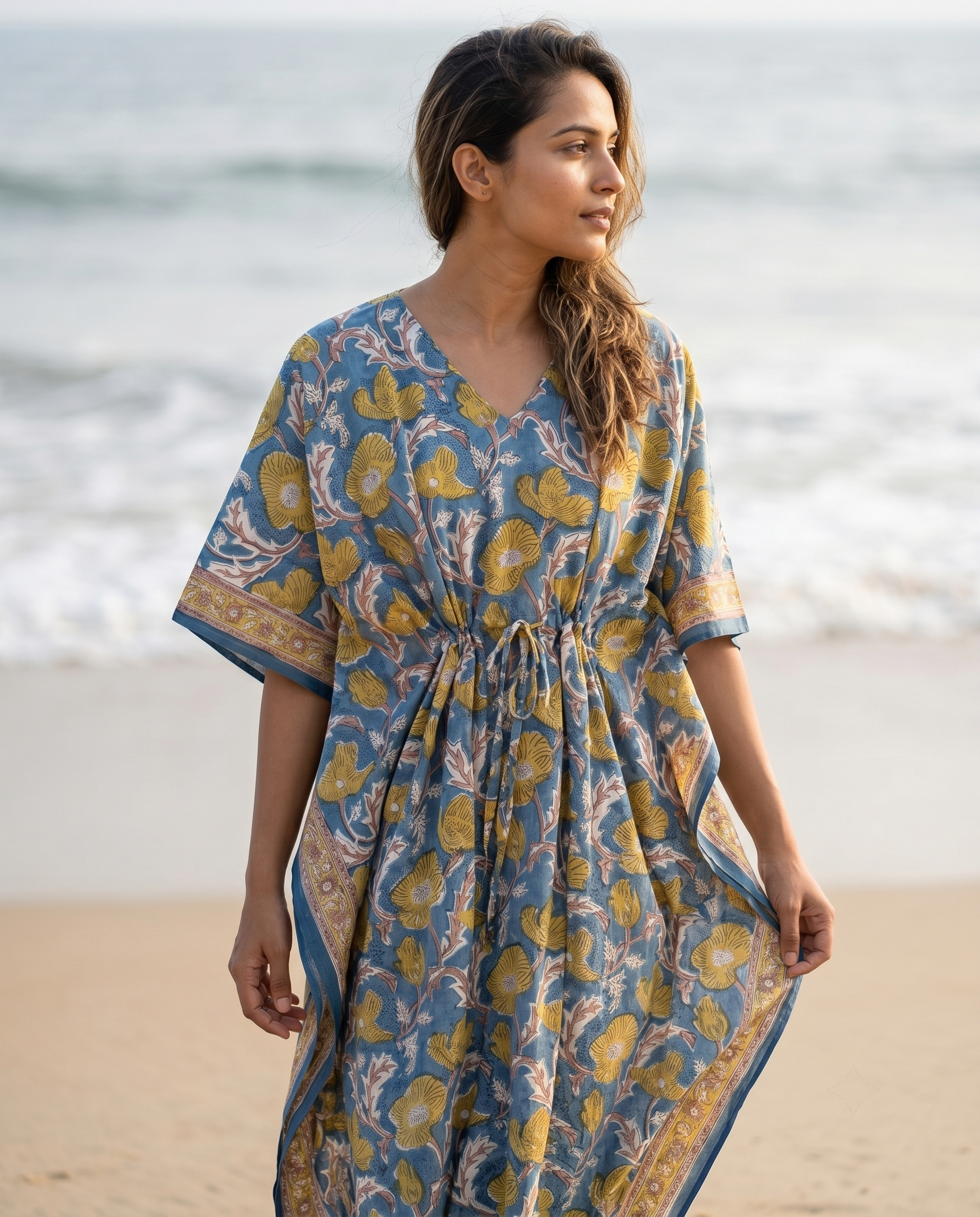 Blue & Gold Floral Hand Block Print Cotton Kaftan – Saffron