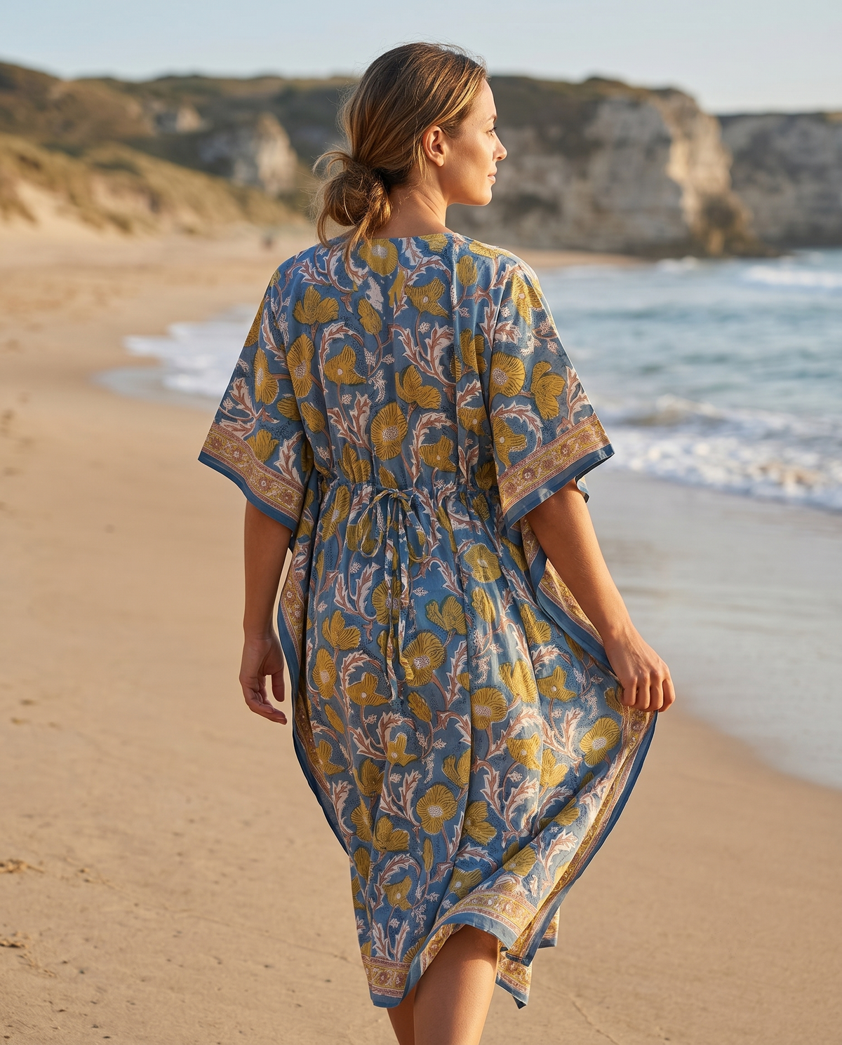 Blue & Gold Floral Hand Block Print Cotton Kaftan – Saffron