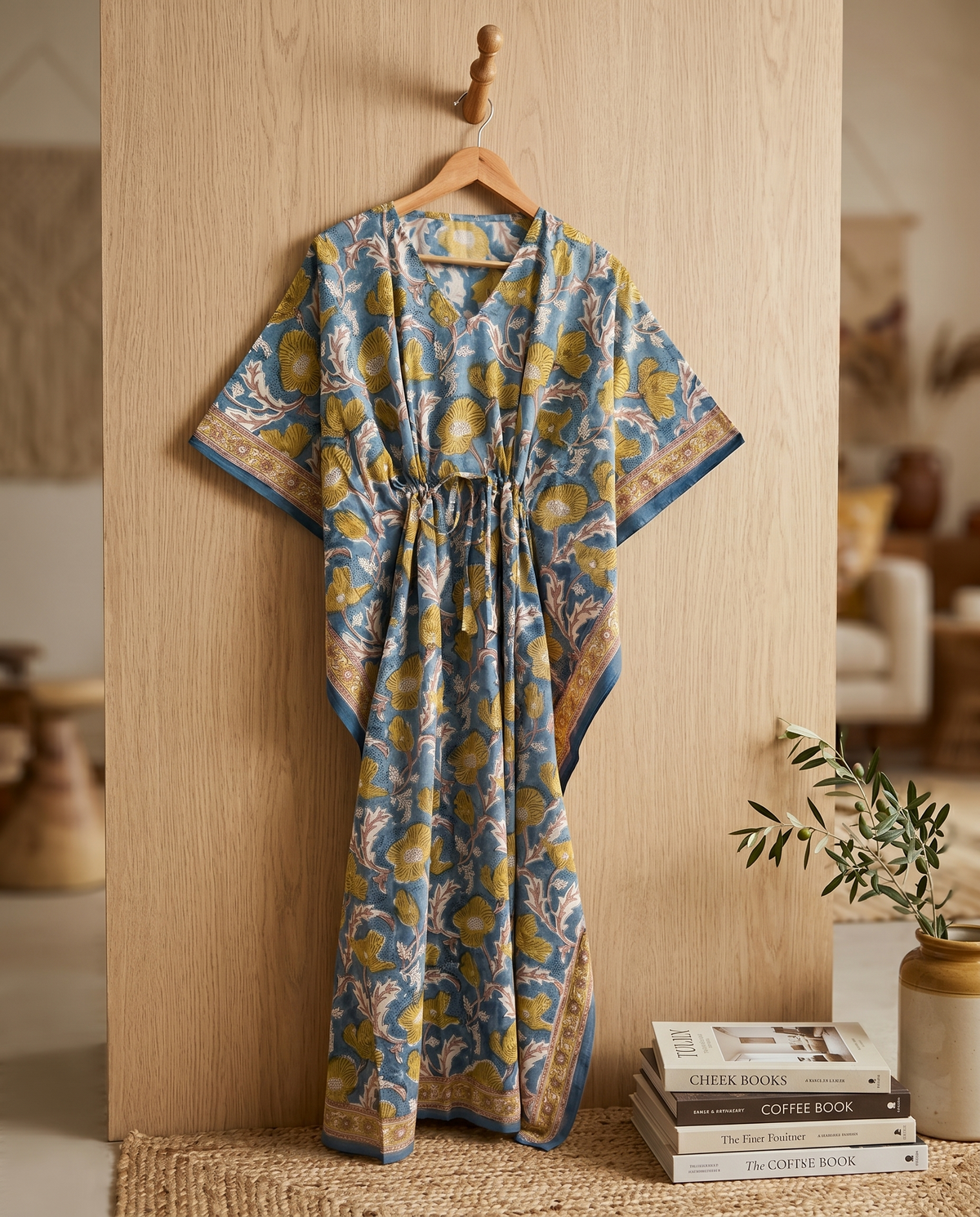 Blue & Gold Floral Hand Block Print Cotton Kaftan – Saffron