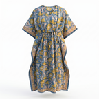Blue & Gold Floral Hand Block Print Cotton Kaftan – Saffron