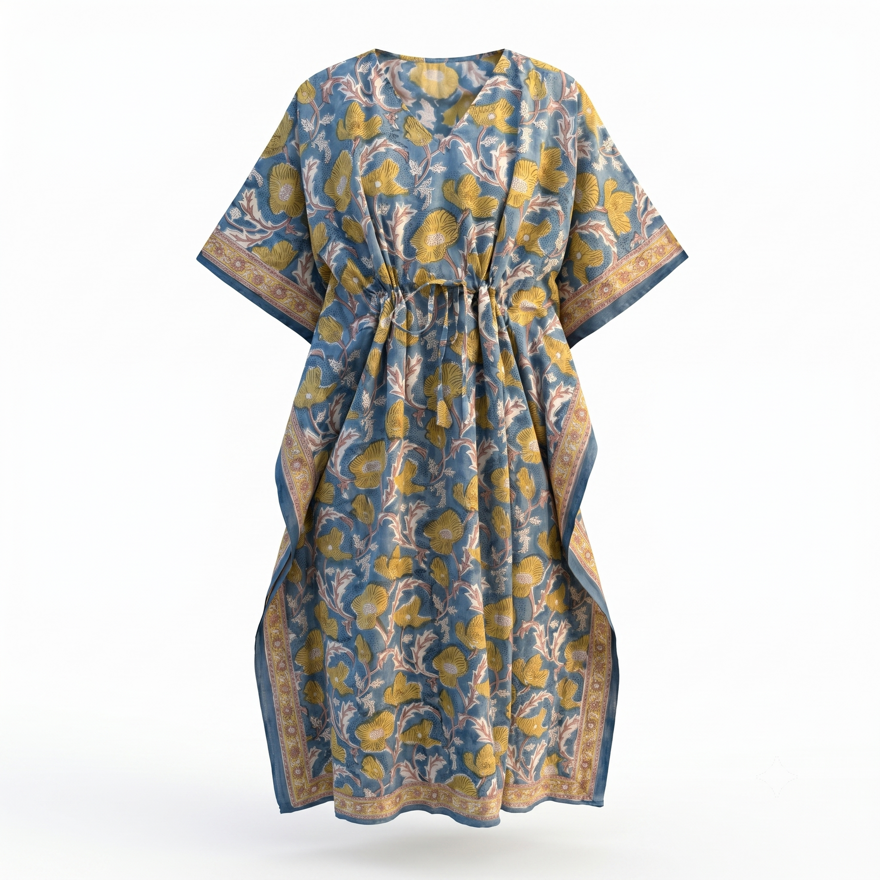 Blue & Gold Floral Hand Block Print Cotton Kaftan – Saffron