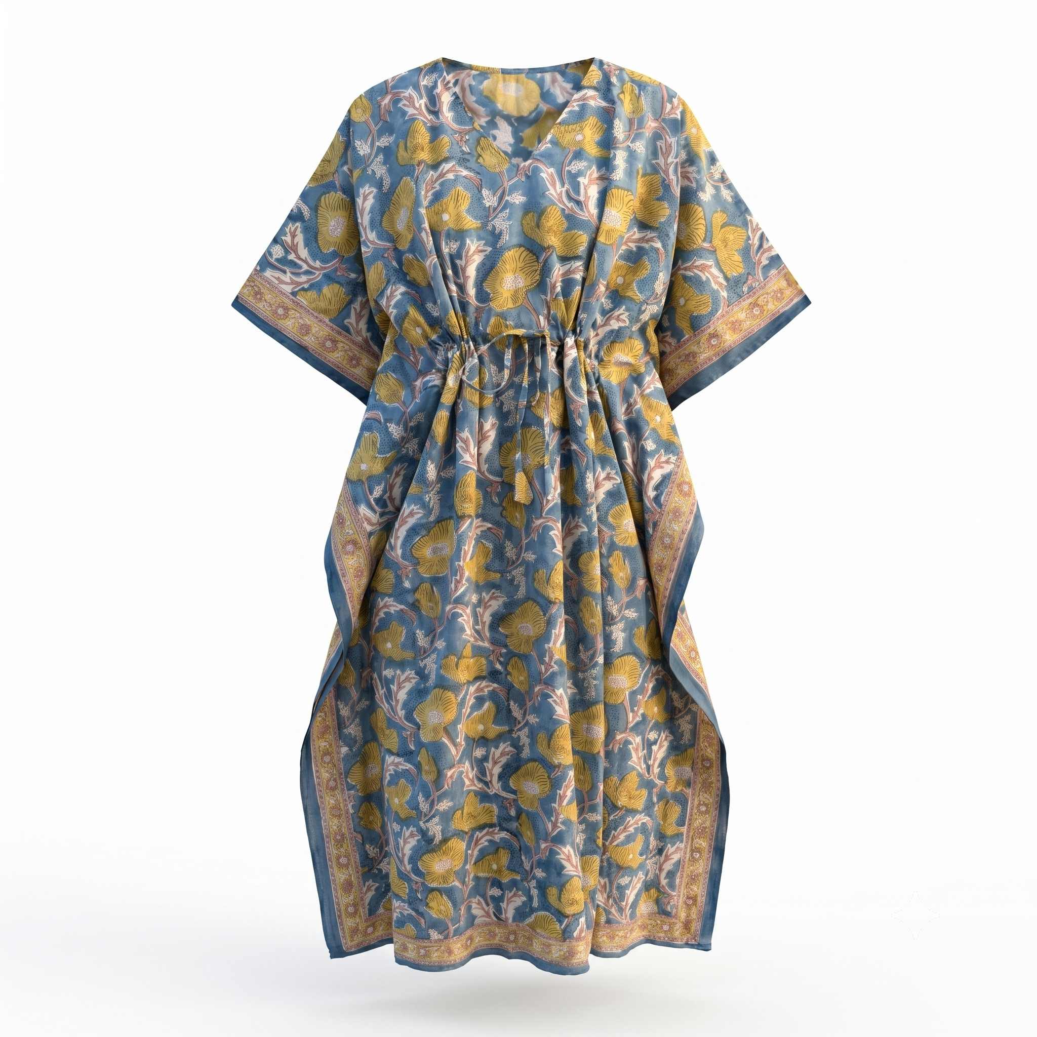Blue & Gold Floral Hand Block Print Cotton Kaftan – Saffron