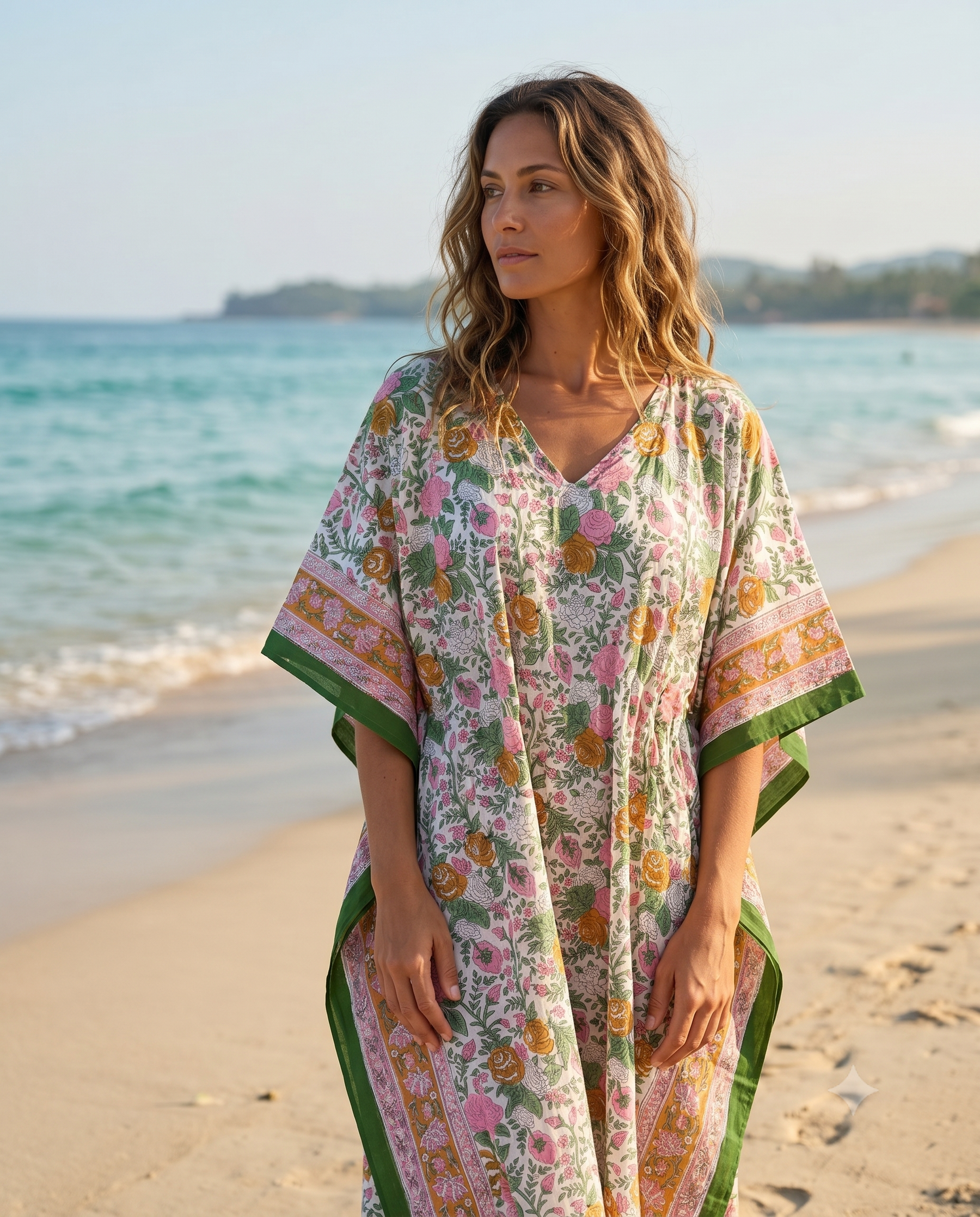 Green & Pink Floral Hand Block Print Cotton Kaftan – Fern