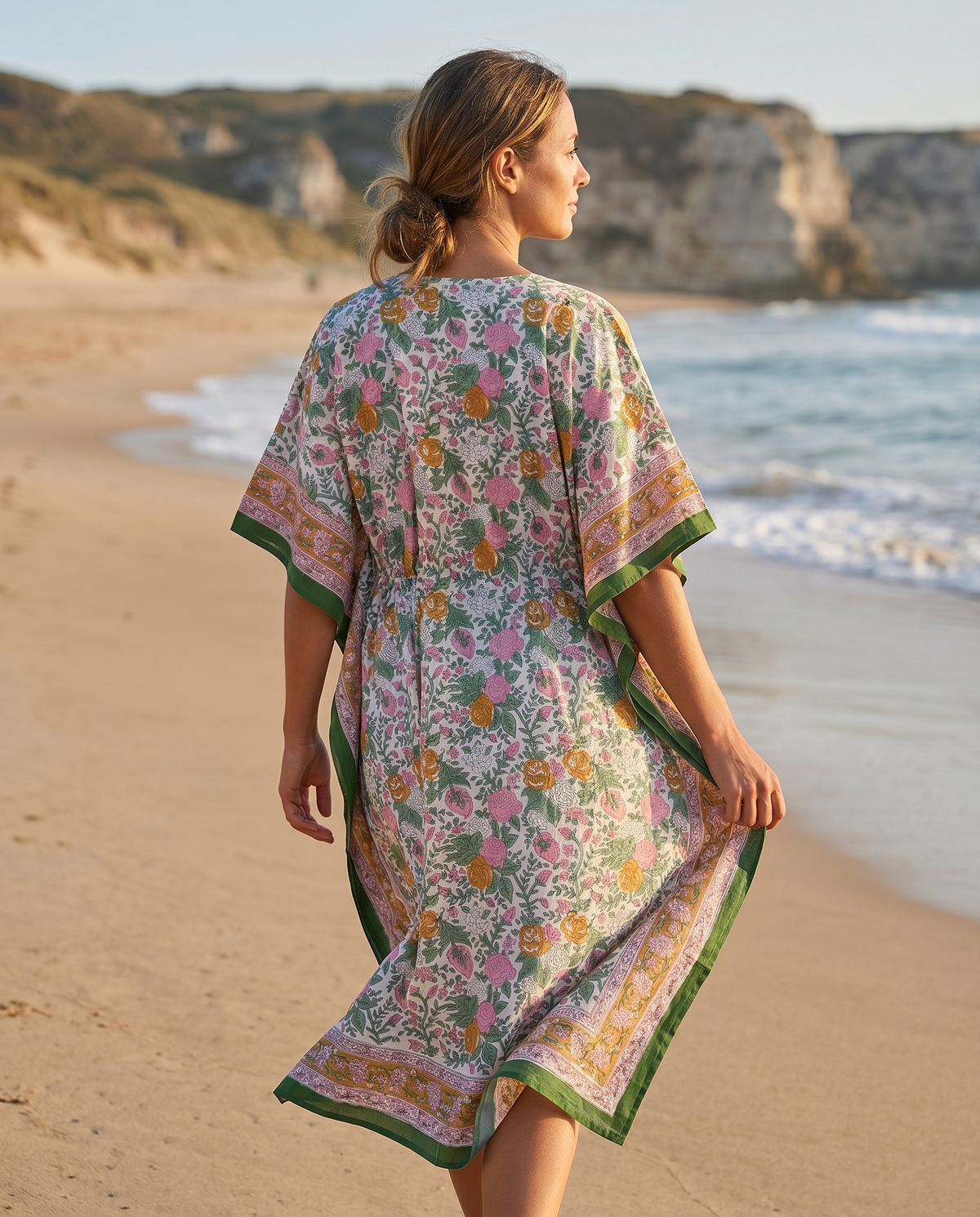 Green & Pink Floral Hand Block Print Cotton Kaftan – Fern