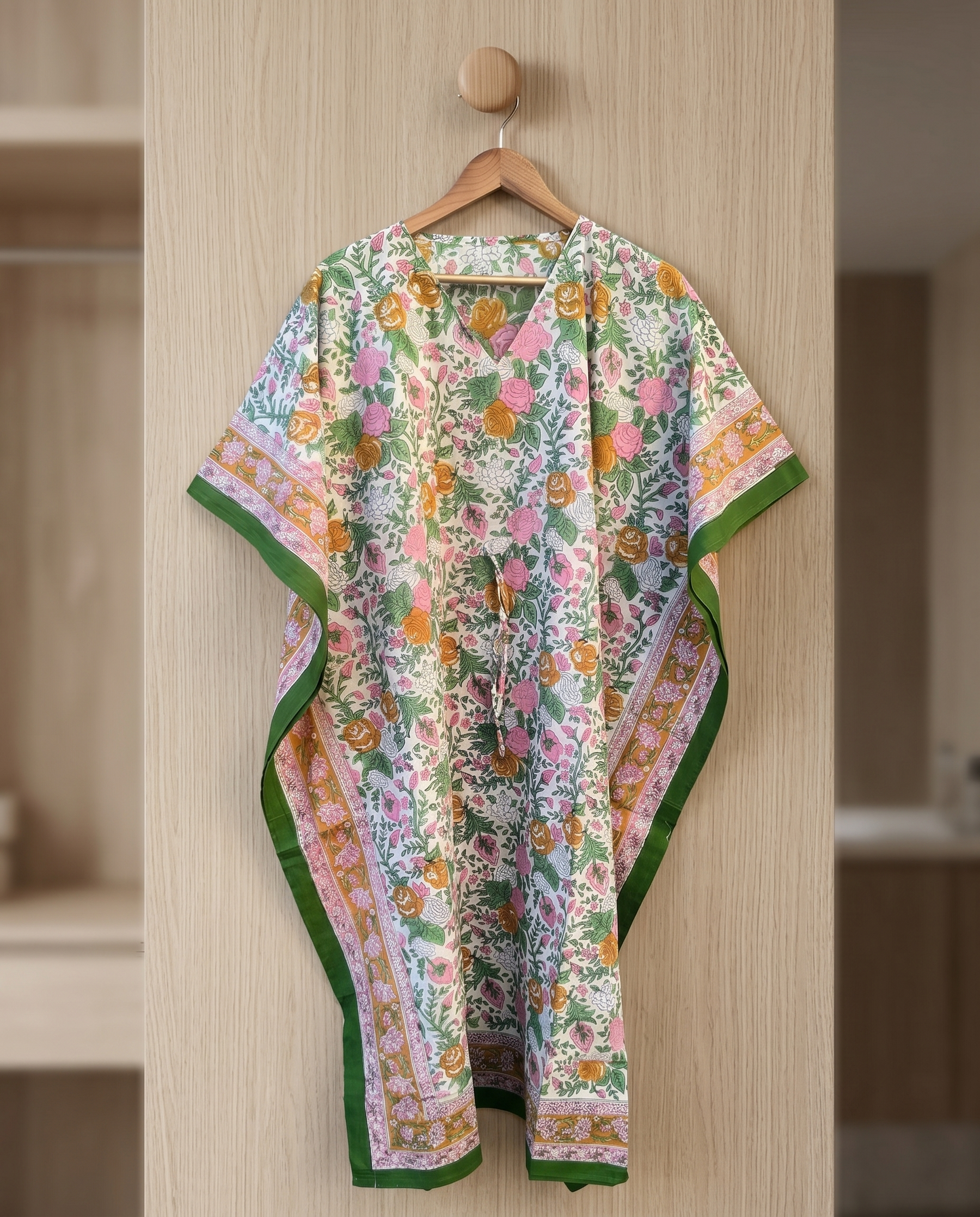 Green & Pink Floral Hand Block Print Cotton Kaftan – Fern