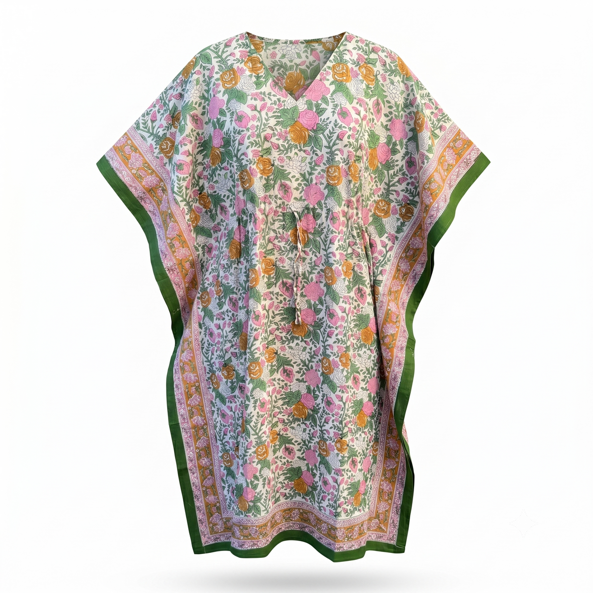 Green & Pink Floral Hand Block Print Cotton Kaftan – Fern