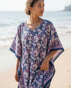 Navy & Pink Floral Hand Block Print Cotton Kaftan – Bluebell