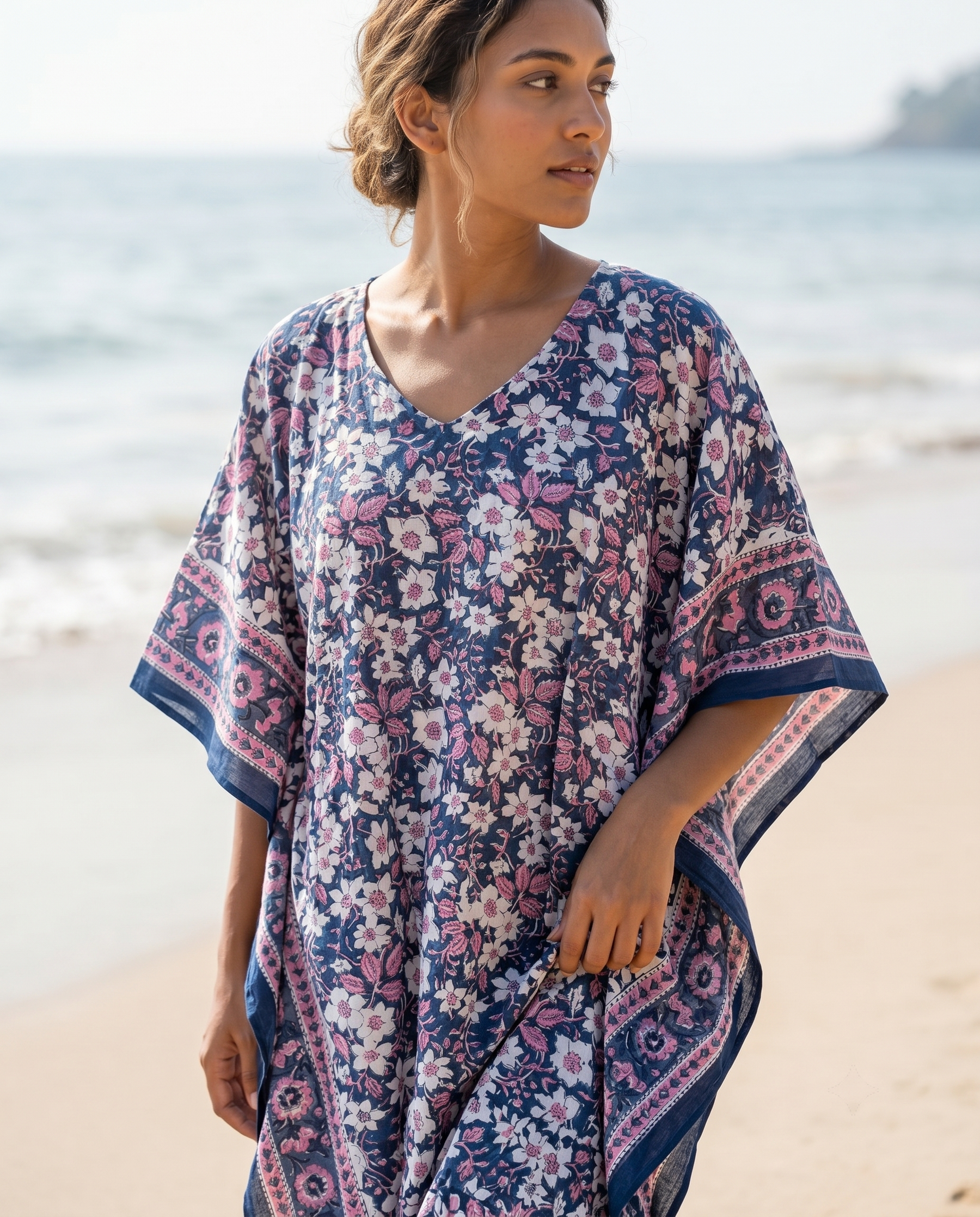 Navy & Pink Floral Hand Block Print Cotton Kaftan – Bluebell
