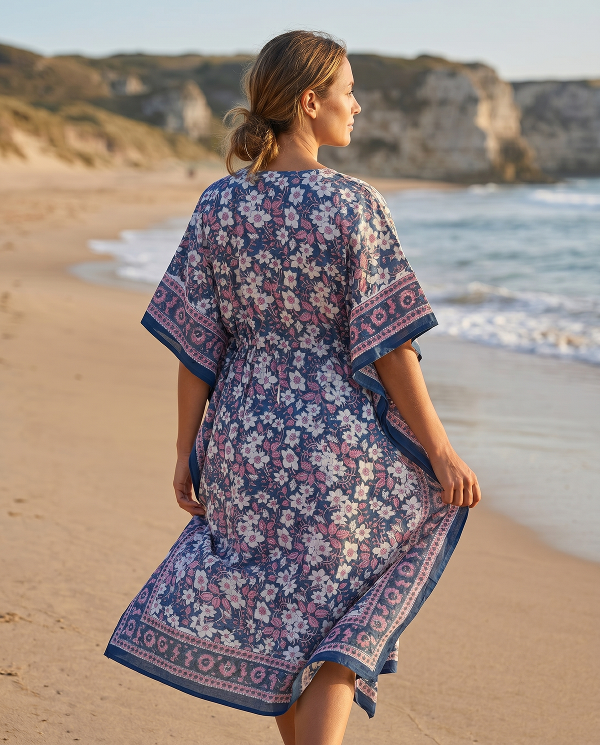 Navy & Pink Floral Hand Block Print Cotton Kaftan – Bluebell