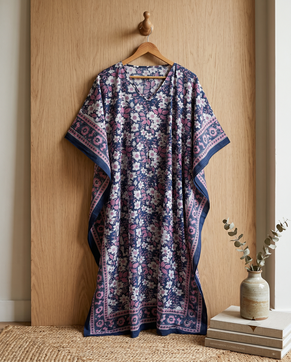 Navy & Pink Floral Hand Block Print Cotton Kaftan – Bluebell