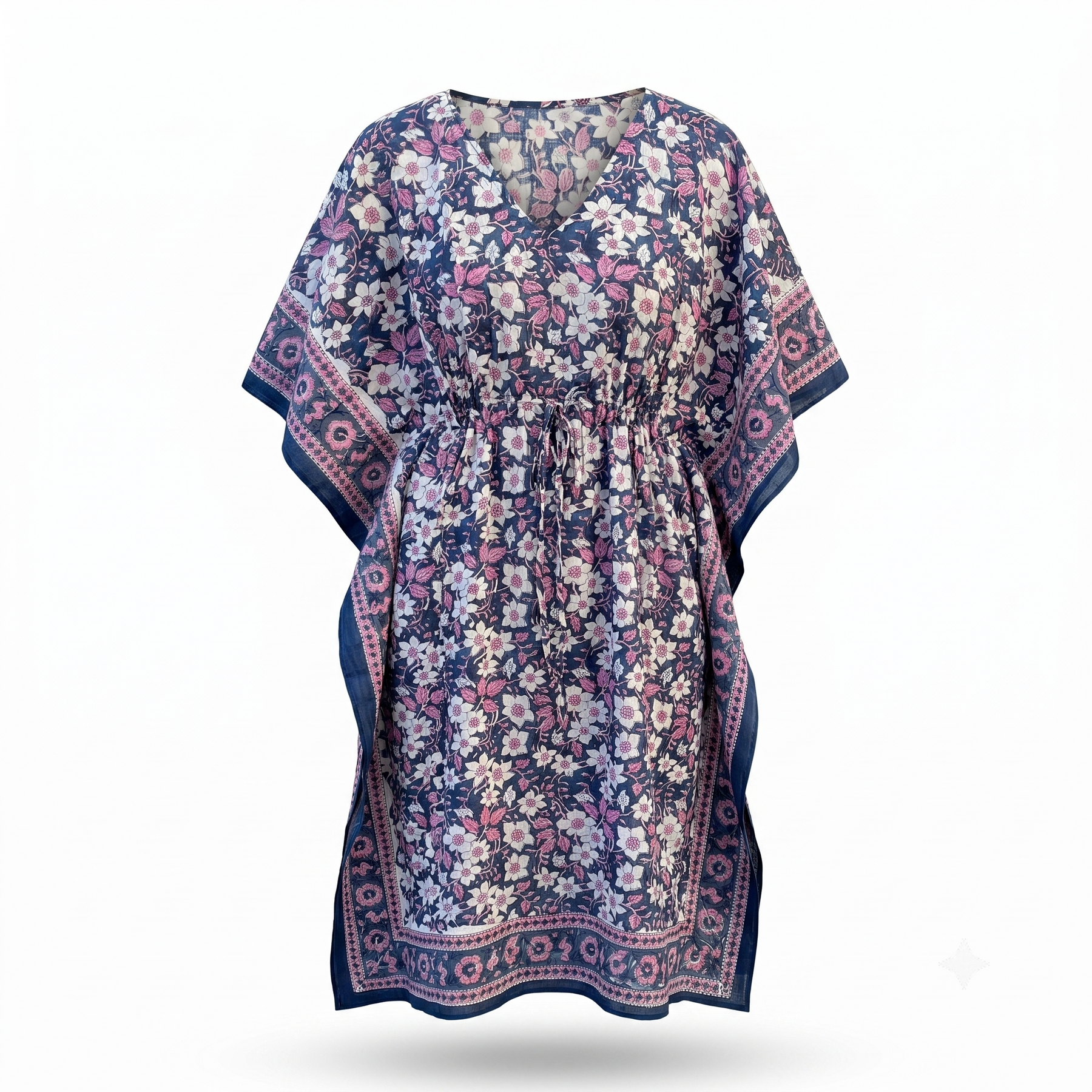 Navy & Pink Floral Hand Block Print Cotton Kaftan – Bluebell