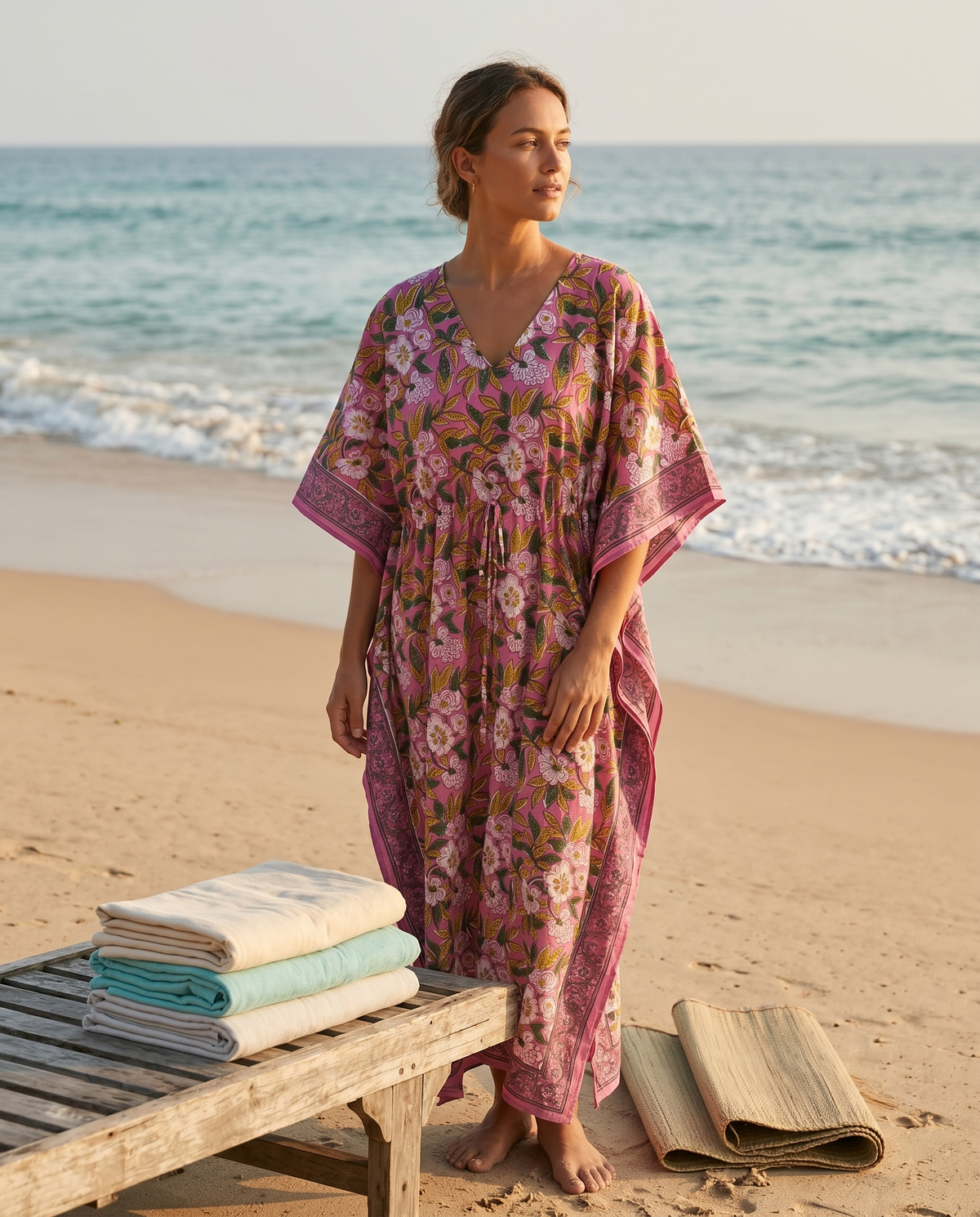Plum & Pink Floral Hand Block Print Cotton Kaftan – Mulberry