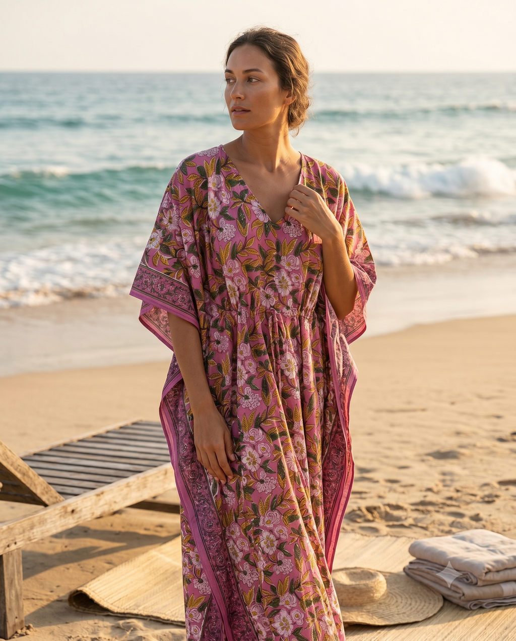 Plum & Pink Floral Hand Block Print Cotton Kaftan – Mulberry